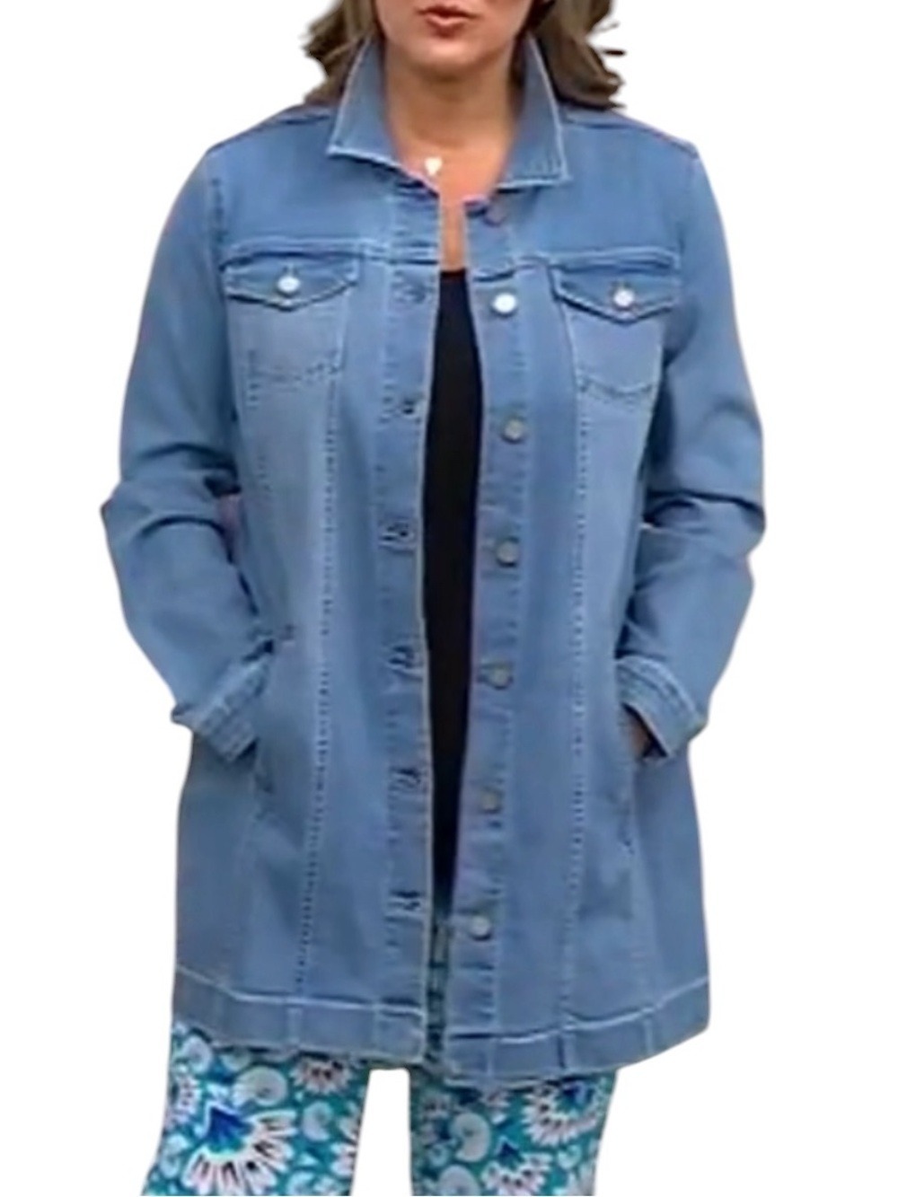 Susan Graver High Stretch Denim Long Jean Jacket Belted 
Coat Light Wash XL